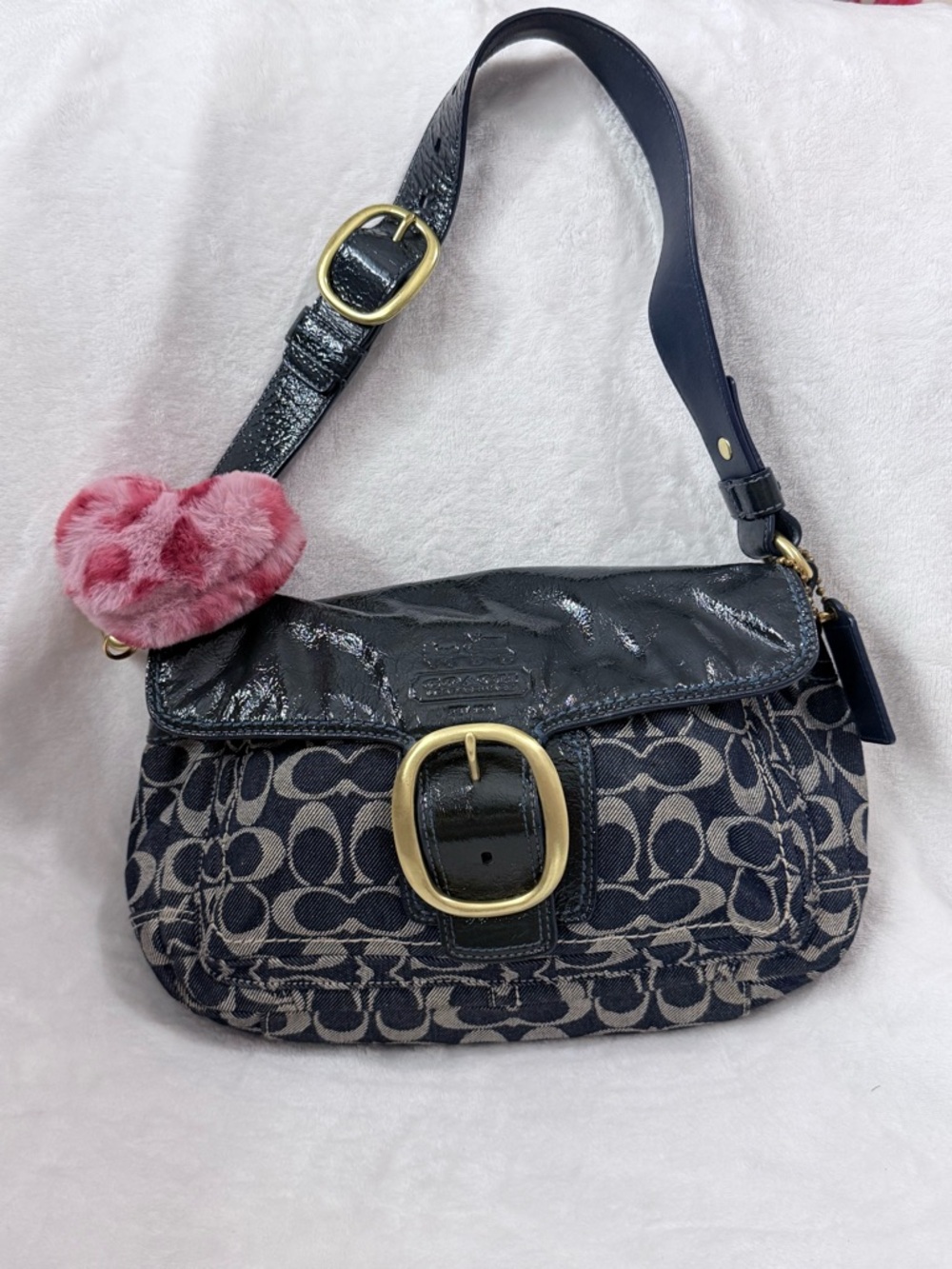 Coach denim Signature Canvas Shoulder Bag with Gold Buckle